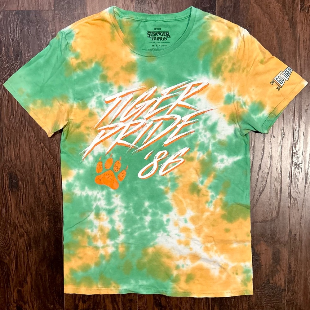 Stranger Things Tiger Pride 86 Tie Dye Tee Shirt Green Orange